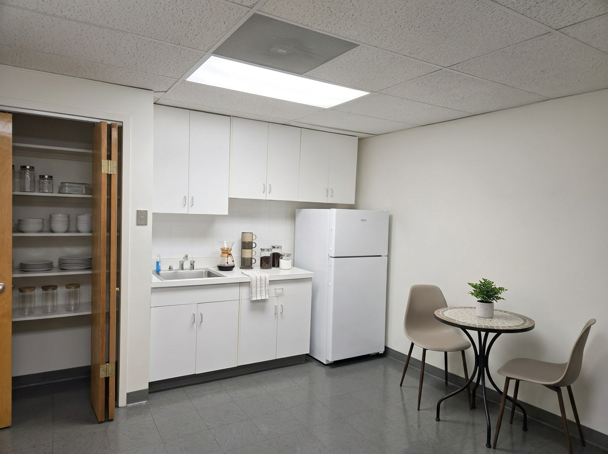 Kitchen area in available Stamford office suite